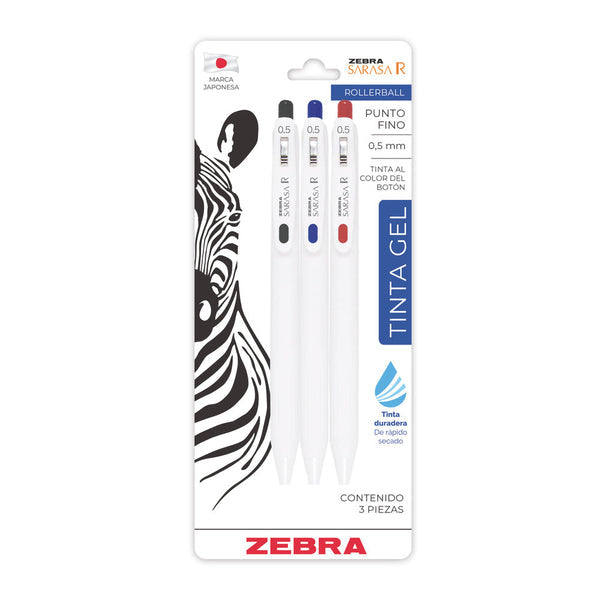 Boligrafo Zebra Sarasa R Punto Fino 0.5mm Negro Azul Rojo BL/3pzs