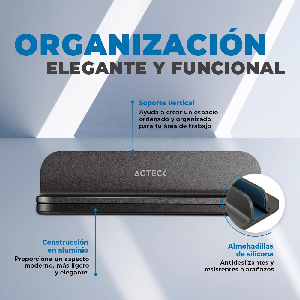 Base Soporte para Laptop Acteck Vault Stow BN430 soporte Vertical de Aluminio Soporta 5 kg y Ajustable 45mm Color Negro
