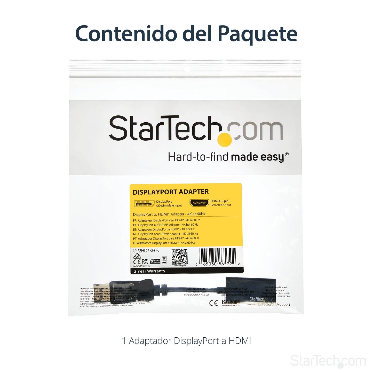 StarTech.com DP2HD4K60S adaptador de cable de vídeo 0.215 m Negro