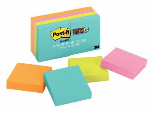 Notas Adhesivas 3M Post-it Super Sticky Miami 2x2 pulg (5X5 cms) block c/90h paq c/8 blocks