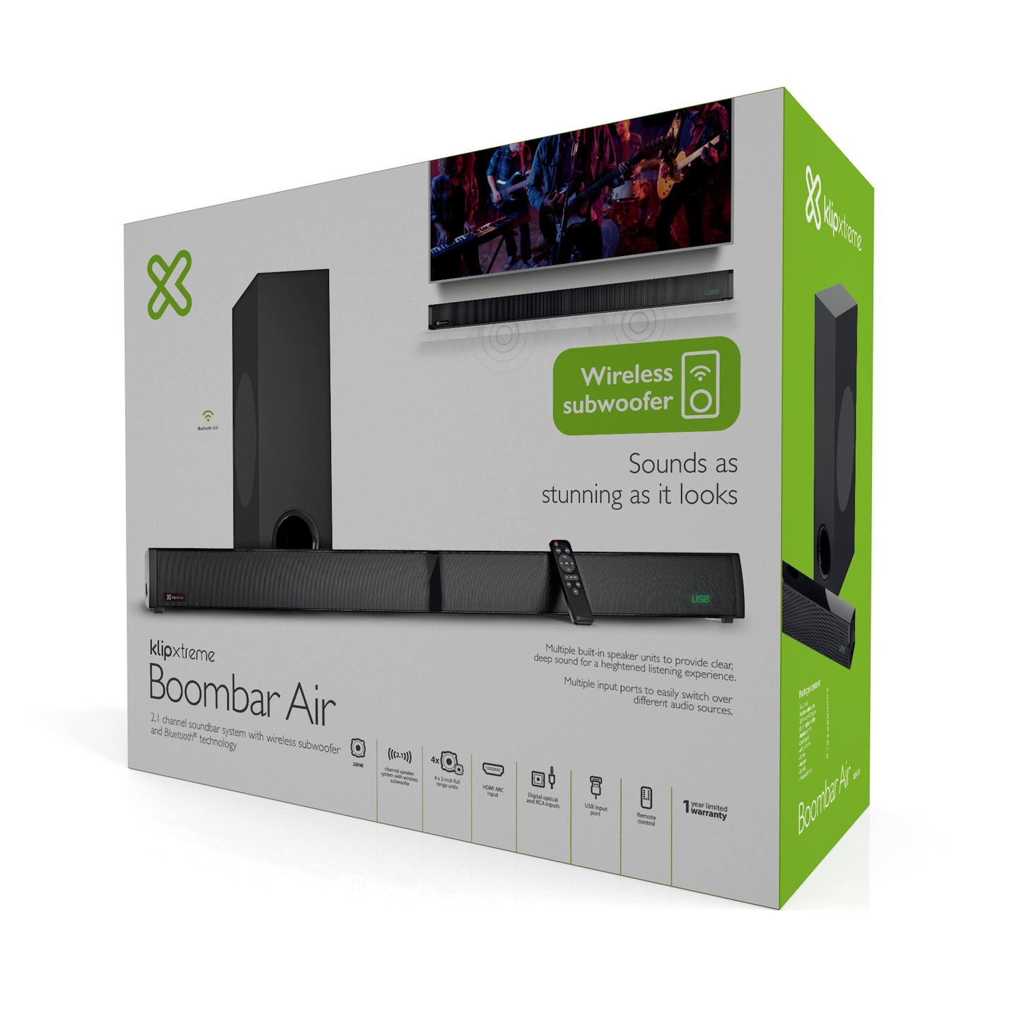 Barra de Sonido TWS Klip Xtreme Bluetooth 2.1 200W Subwoofer HDMI Óptico Digital