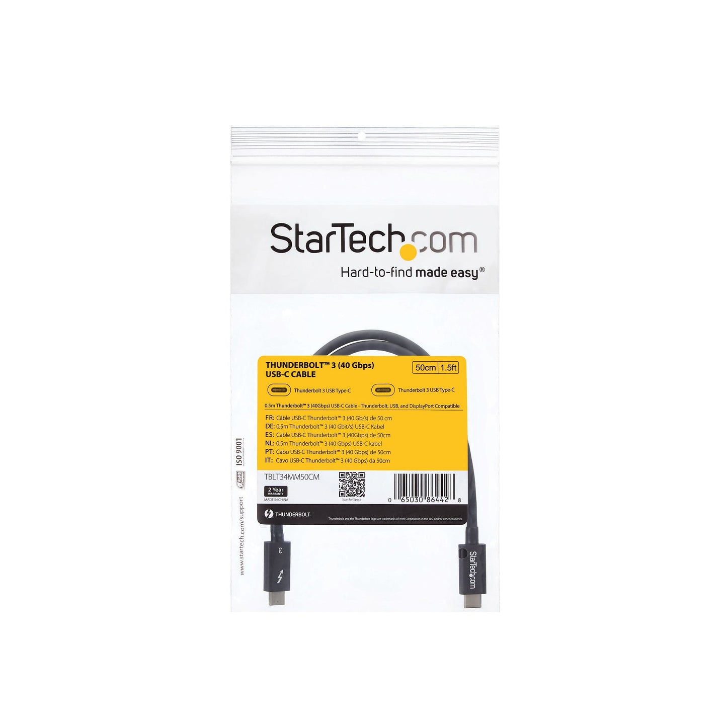 StarTech.com TBLT34MM50CM cable Thunderbolt 0.5 m 40 Gbit/s Negro