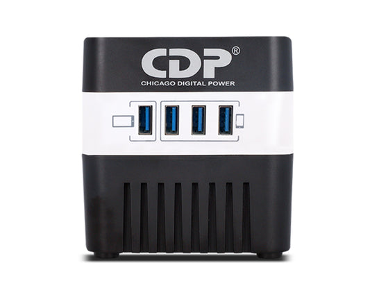 Regulador de voltaje CDP RU-AVR604 600VA/300W indicadores LED de funcionamiento 4 contactos NEMA 5-15R y 4 puertos USB