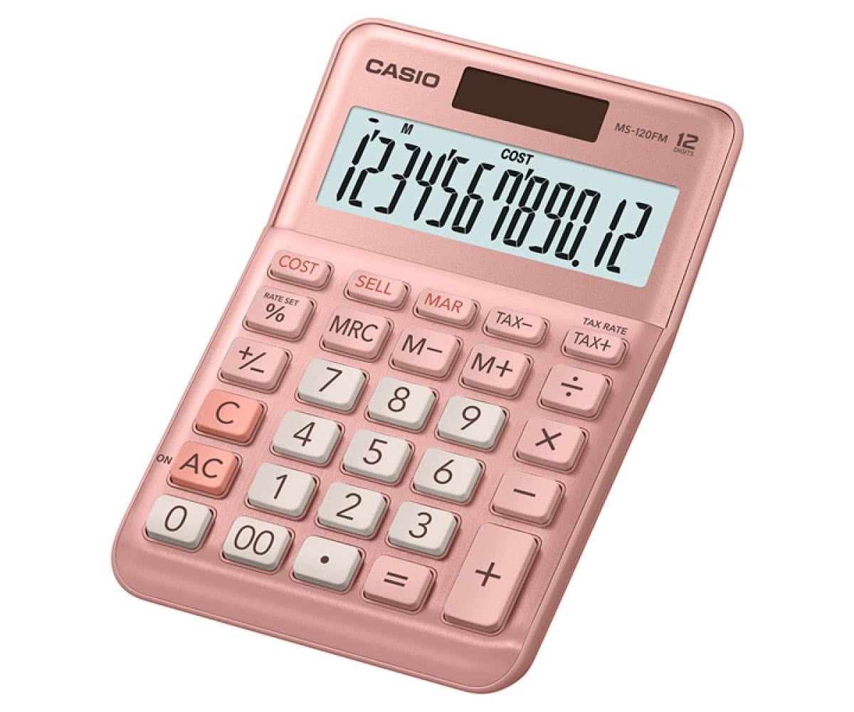 Calculadora de Escritorio Casio MS-120FM-PK de 12 digitos rosa metalico costo venta y margen doble alimentacion