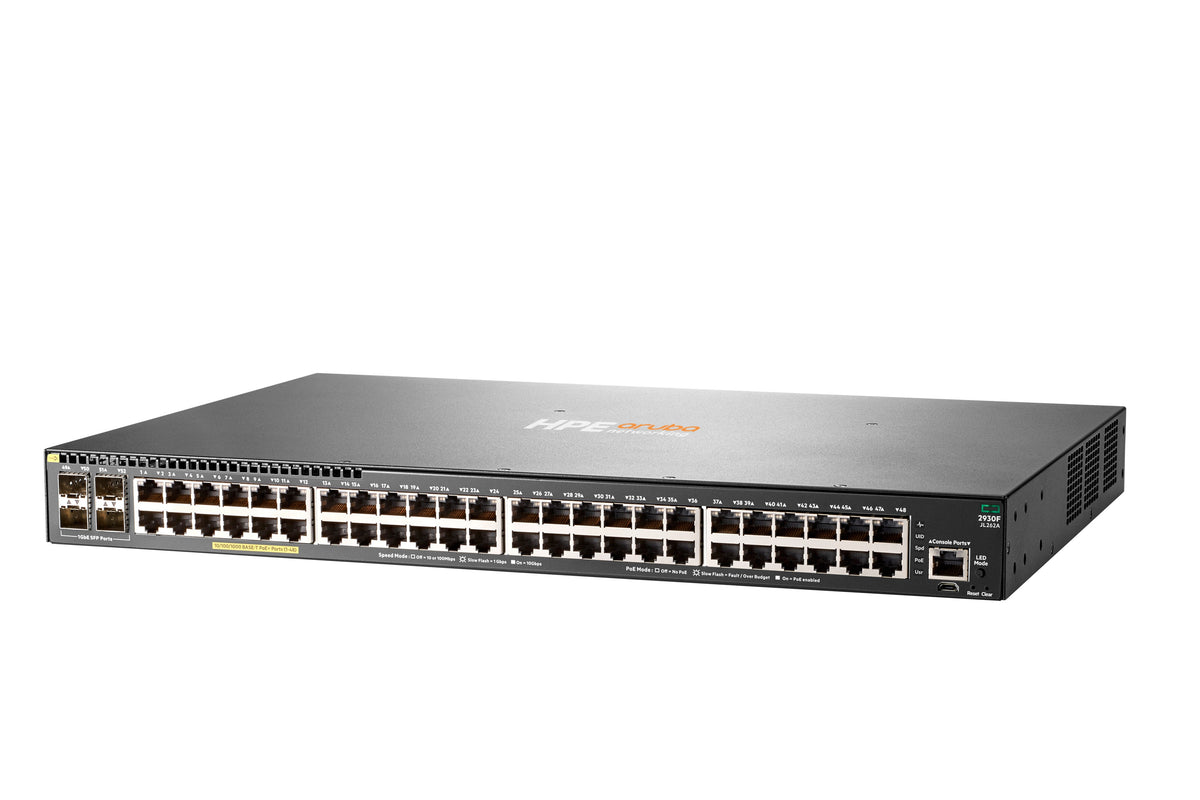 Switch HPE Aruba Networking 2930F administrable capa 3, 48 puertos Gigabit PoE+ (370 W) y 4 SFP, JL262A