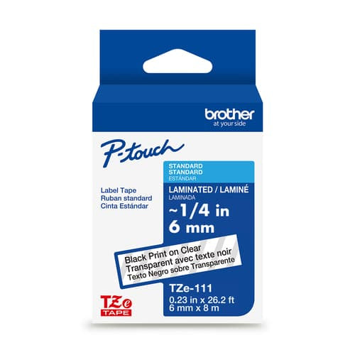 Cinta Laminada Brother Estandar Texto negro sobre Cinta Transparente de 6mm x 8m