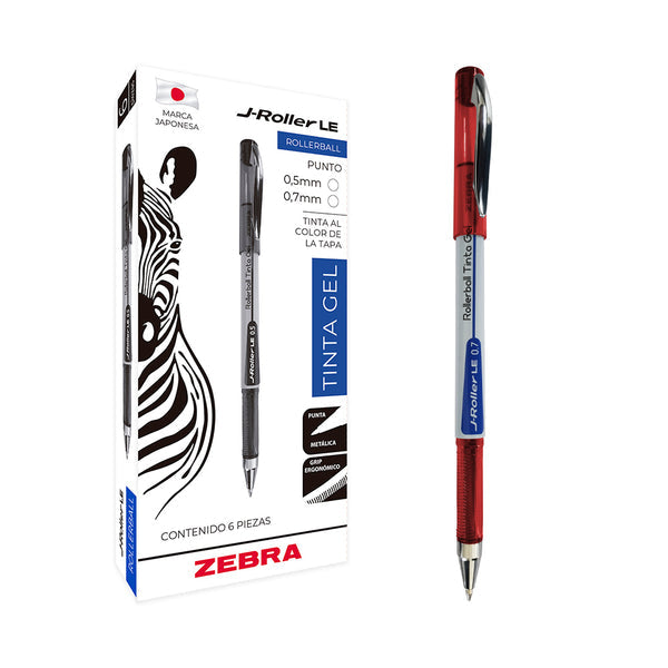 Bolígrafo Zebra J-Roller LE Punto Mediano 0.7mm Tinta Gel Color Rojo C/6 Pzas
