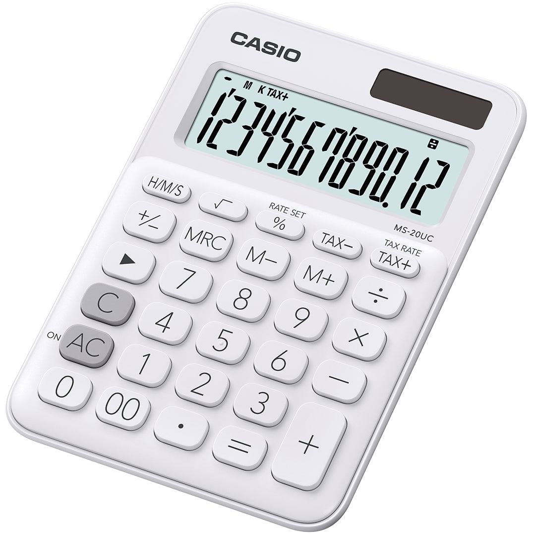 Calculadora de Escritorio Casio MS-20UC de 12 digitos blanca calculo de impuestos y de tiempo doble alimentacion