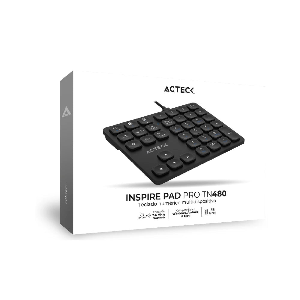 Teclado Numérico Acteck Multidispositivo Inspire Pad Pro TN480 / 2.4 MHz + 2 modos BT Recargable / Advanced Negro