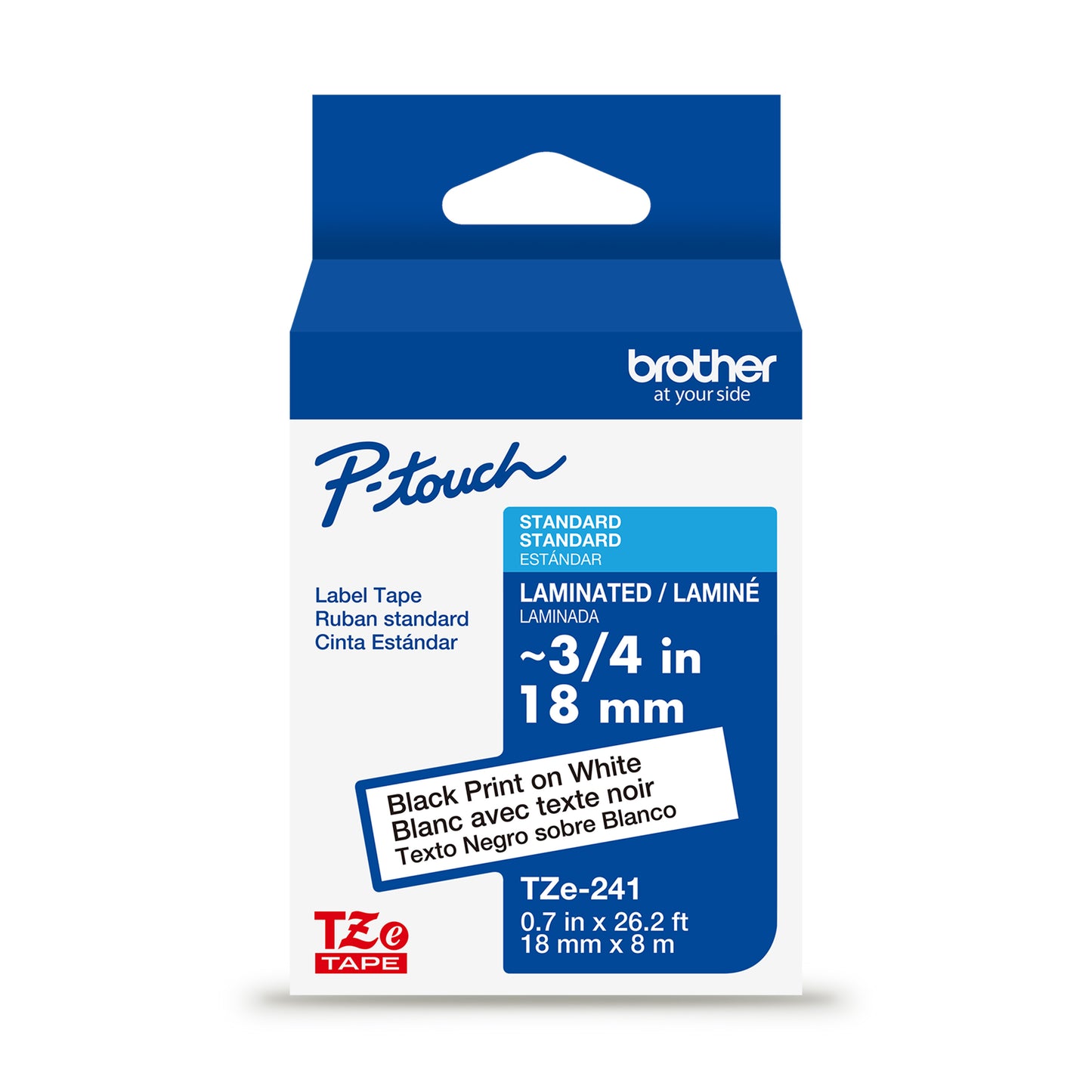 Cinta Laminada Brother Estandar Texto negro sobre cinta blanca de 18mm x 8m