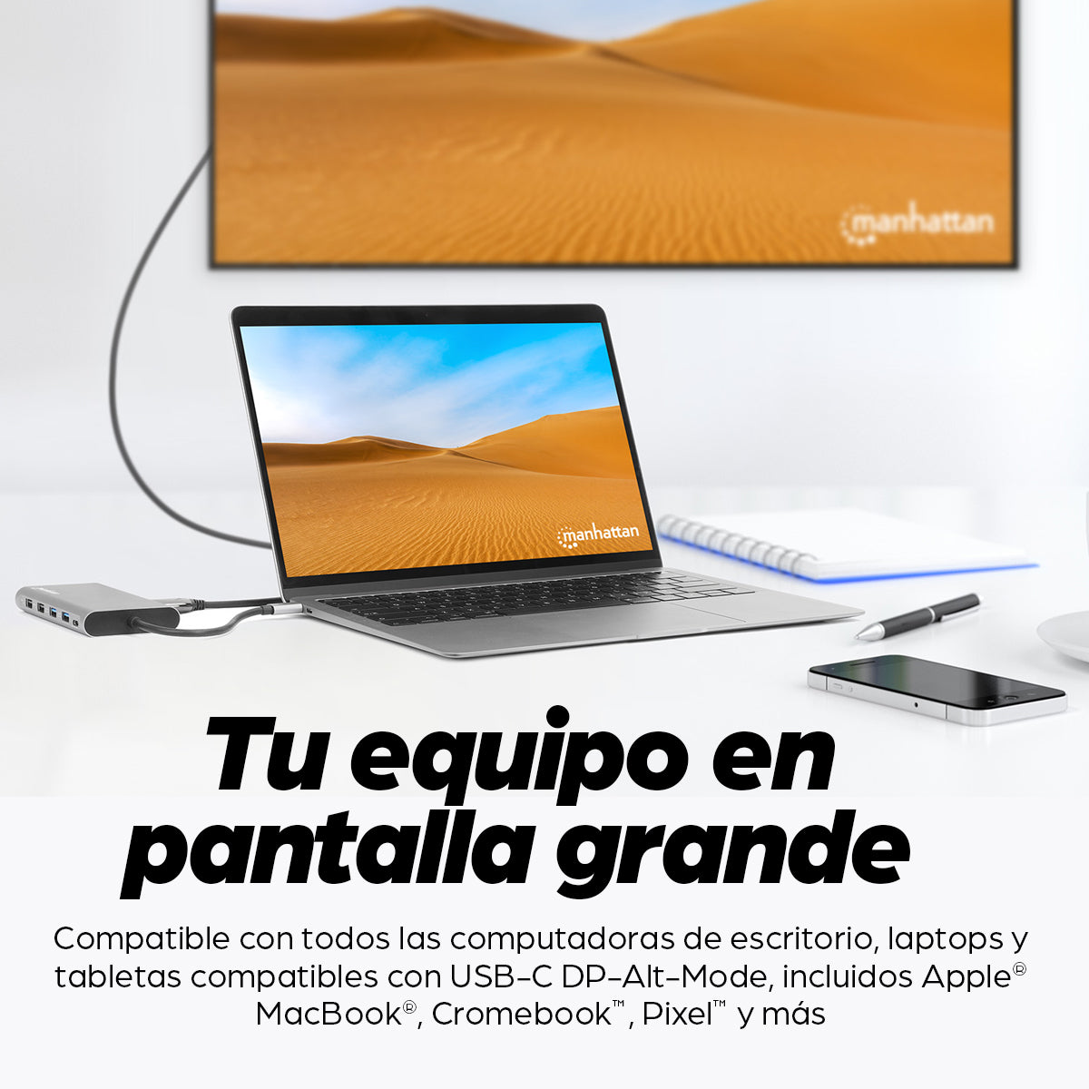 Docking Manhattan USB-C para Triple Monitor HDMI/USB-C/PD/SD/micro SD