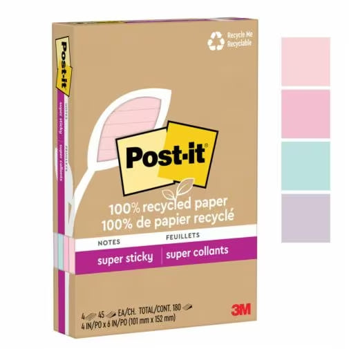 Block 3M Post-it Raya Super Sticky Pastel 4x6 pulg (10.16X15.24 cms) block c/45 paq c/4 Blocks