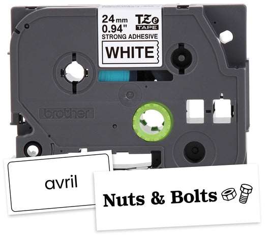 Cinta Brother TZES251G Laminada Súper Adhesiva Texto Negro Fondo Blanco 24mmx8m