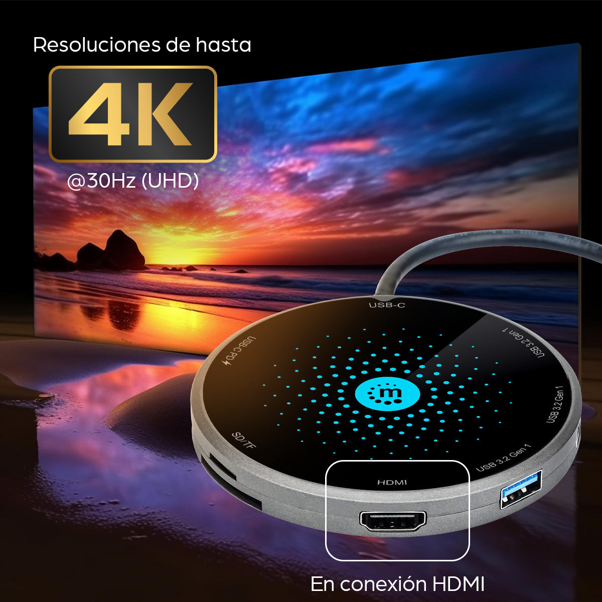 Docking Manhattan USB-C a HDMI USB-C PD 3xUSB-A Lector Tarjetas con Base Carga Inalámbrica