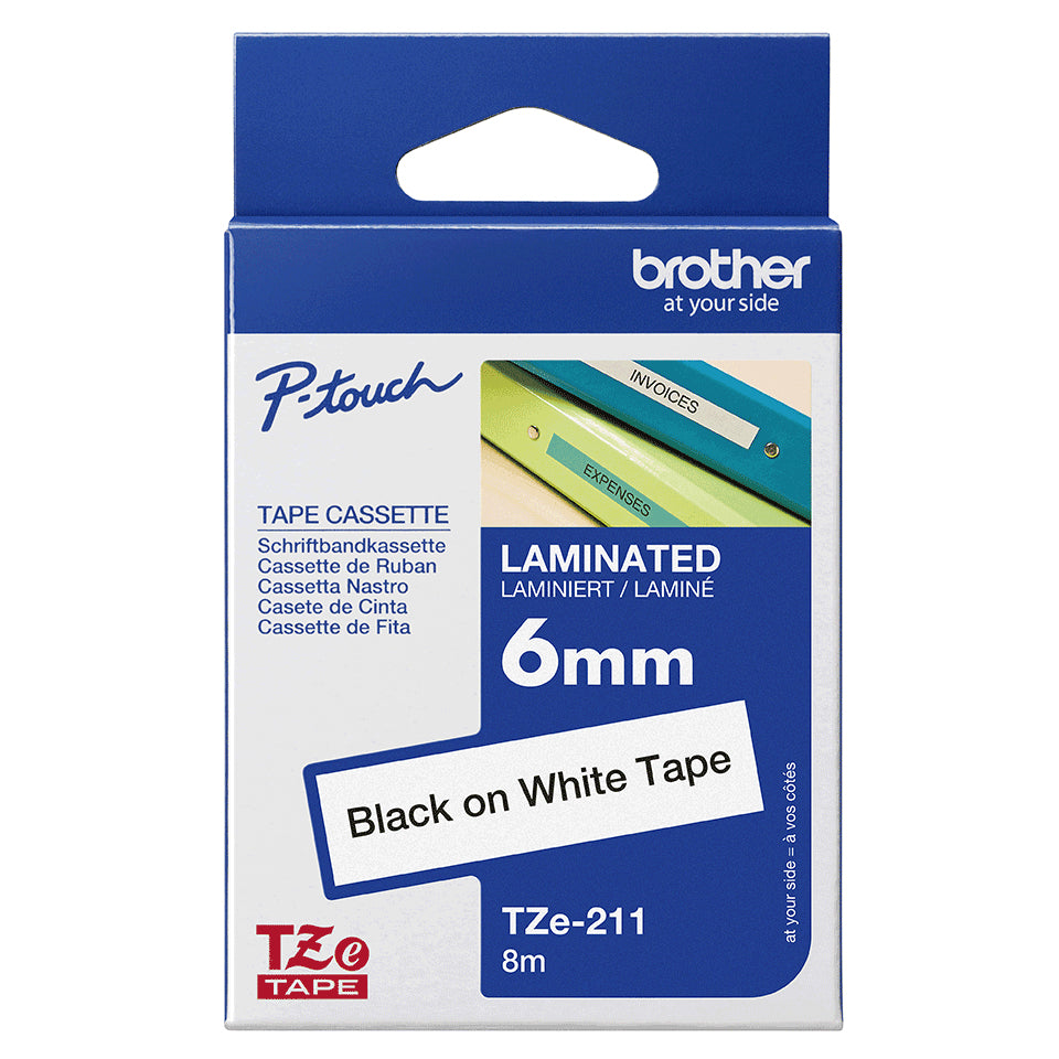 Cinta Brother TZ211 Laminada Negro sobre Blanco 6mmx8m PT1400/9500C/1750