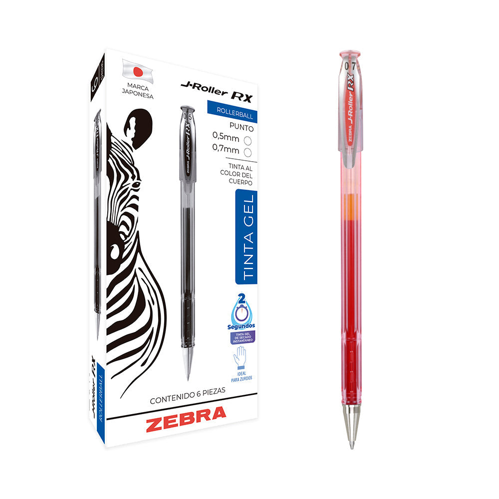 Bolígrafo Zebra J Roller RX Punto Mediano 0.7mm Tinta Gel Color Rojo C/6 Pzas