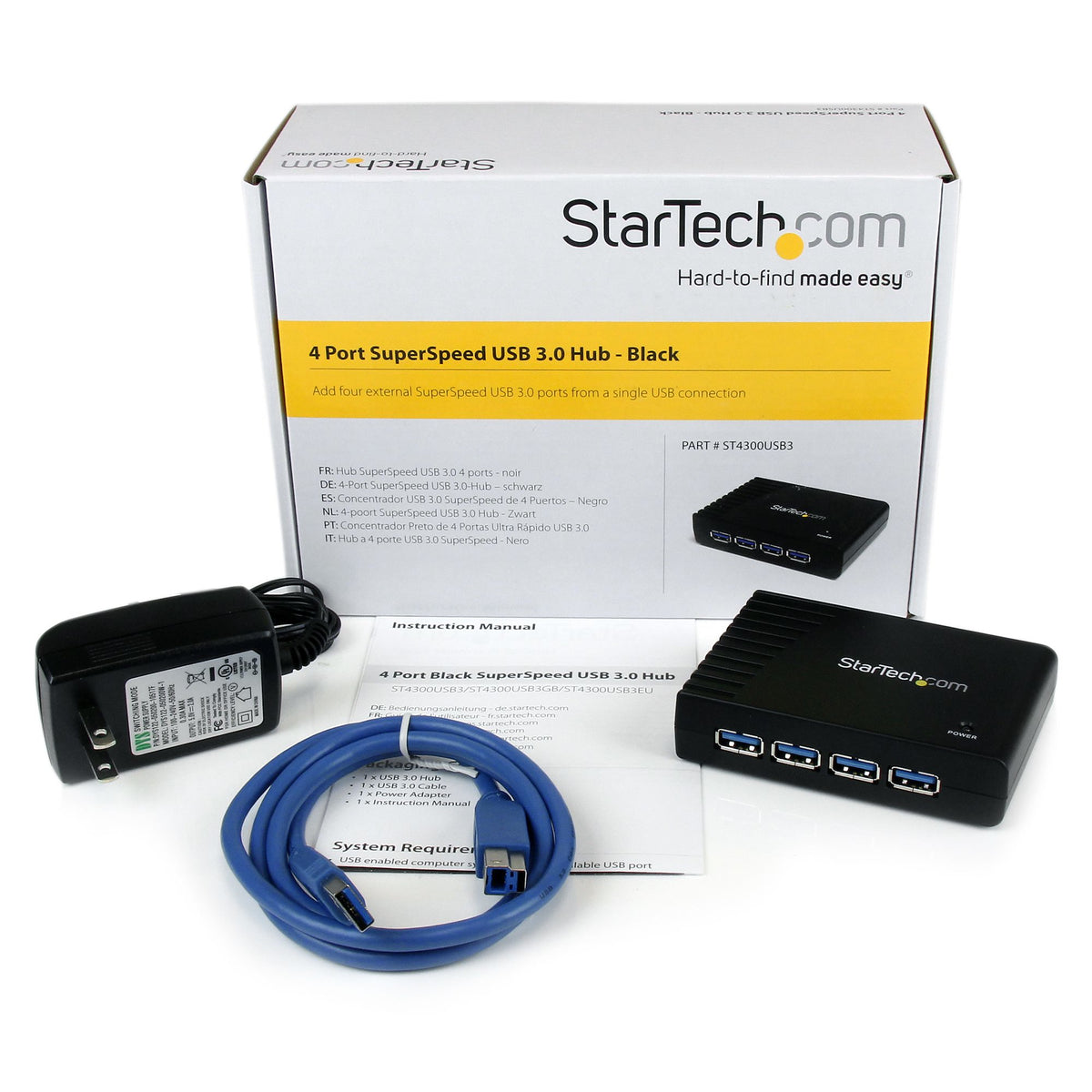 StarTech.com ST4300USB3 nodo concentrador USB 3.2 Gen 1 (3.1 Gen 1) Type-B 5000 Mbit/s Negro
