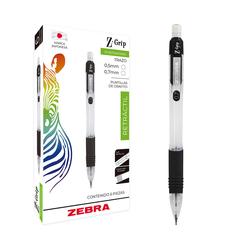 Lapicero Zebra Z-Grip Retráctil 0.7mm Color Negro C/6 Pzas
