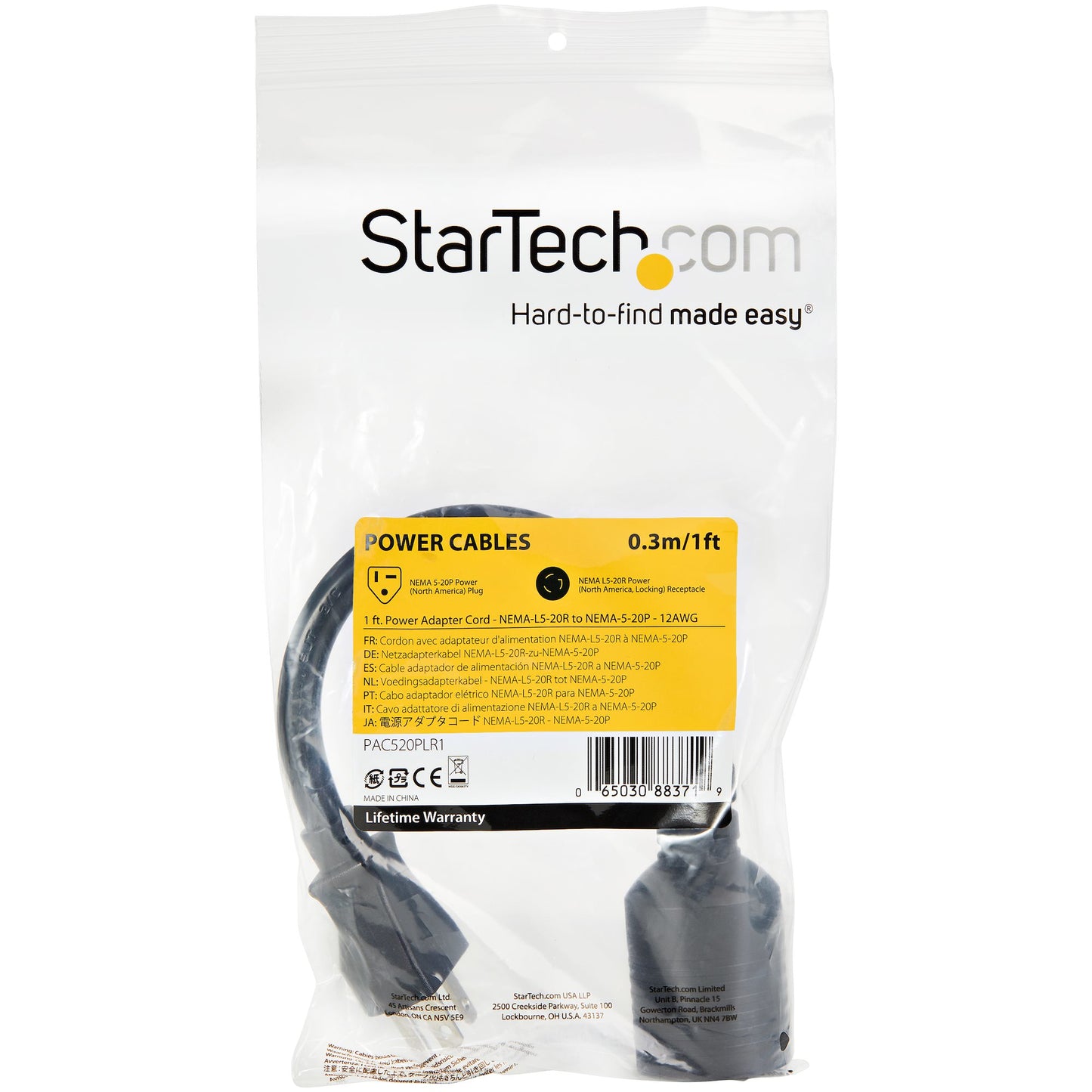 StarTech.com PAC520PLR1 cable de alimentación Negro 0.3 m NEMA L5-20P NEMA L5-20R