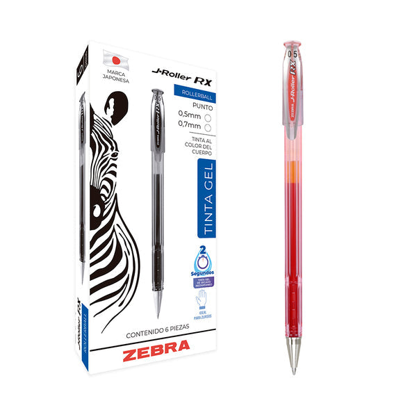 Bolígrafo Zebra J Roller RX Punto Fino 0.5mm Tinta Gel Color Rojo C/6 Pzas