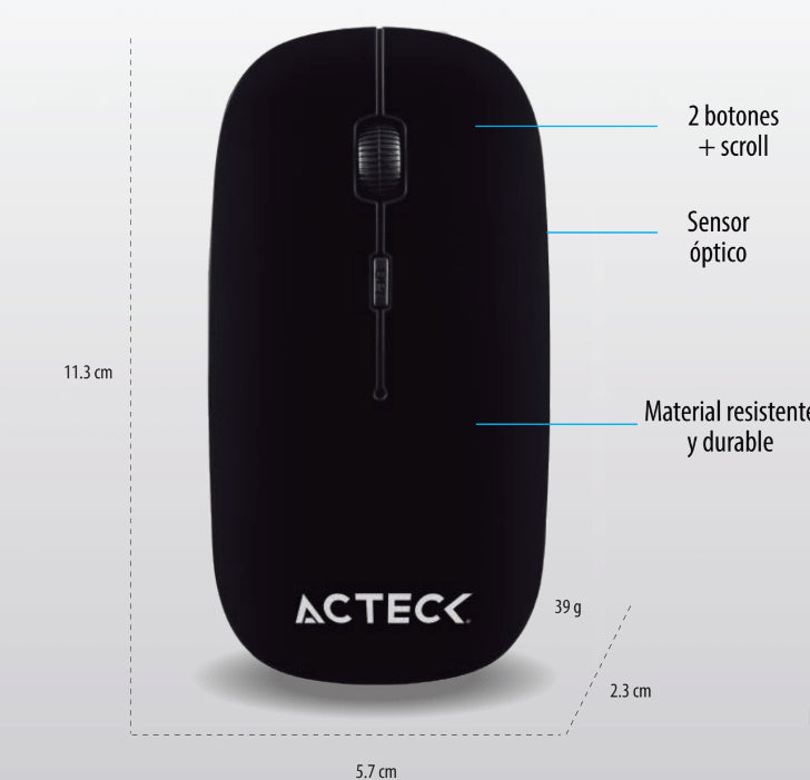 Mouse Estandar Acteck Optimize MI240 Inalambrico 2.4Ghz de 1600 DPI 2 Botones Essential Series Negro