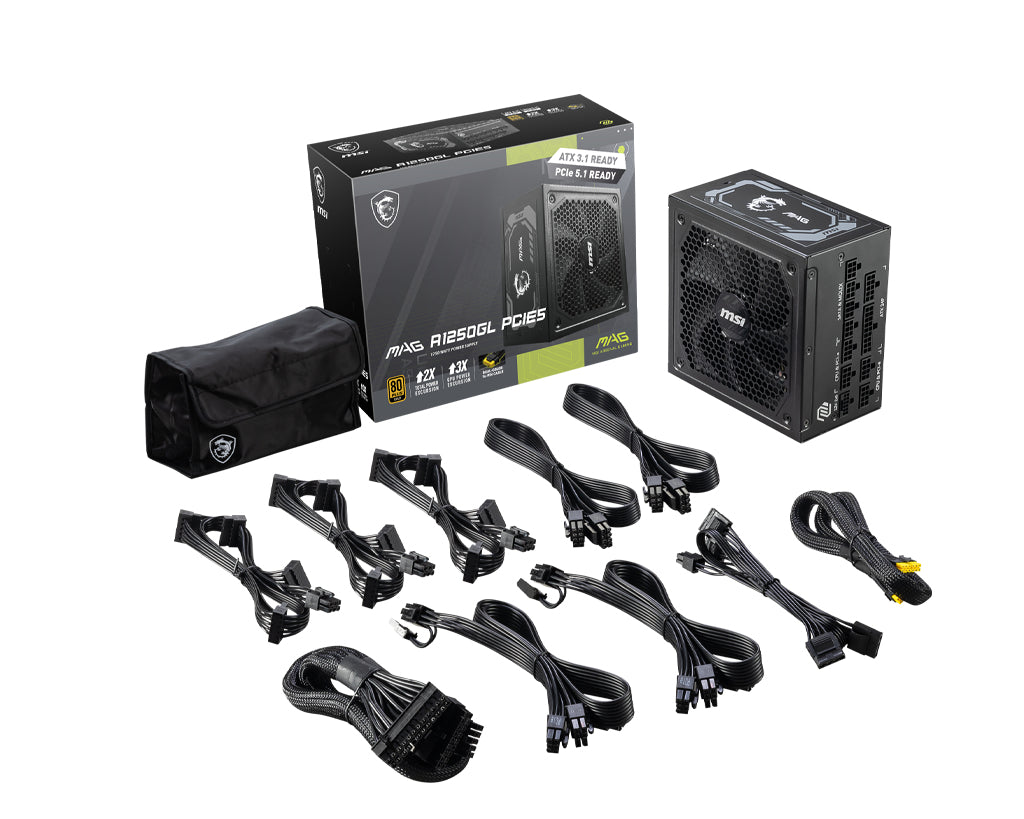 Fuente de Poder 1250W MSI MAG A1250GL PCIE5 80 PLUS Gold ATX Modular 24-pin ATX 135mm