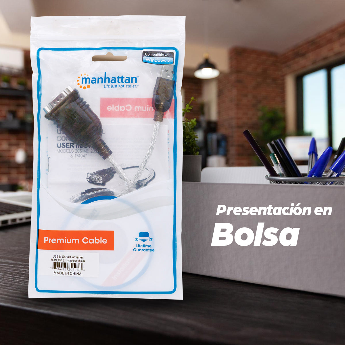 Convertidor Manhattan USB a Serial DB9M 45cm Bolsa