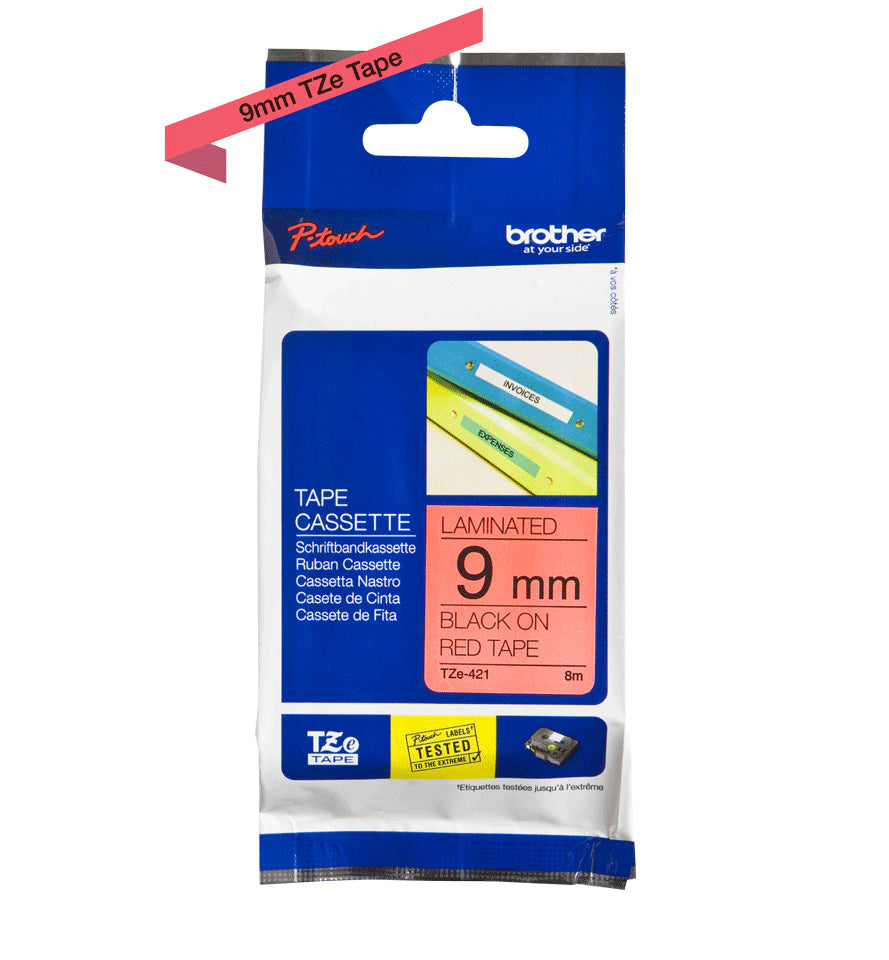 Cinta Laminada Brother Estandar Texto negro sobre cinta roja de 9mm x 8m