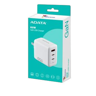 Cargador de USB Adata de Pared 65W con 2 Puertos Tipo C y 1 Puerto USB a Enchufe Plegable color Blanco