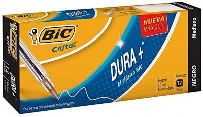 Bolígrafo BIC Cristal Dura+ Punto Mediano 1.0mm Color Negro C/12 Pzas