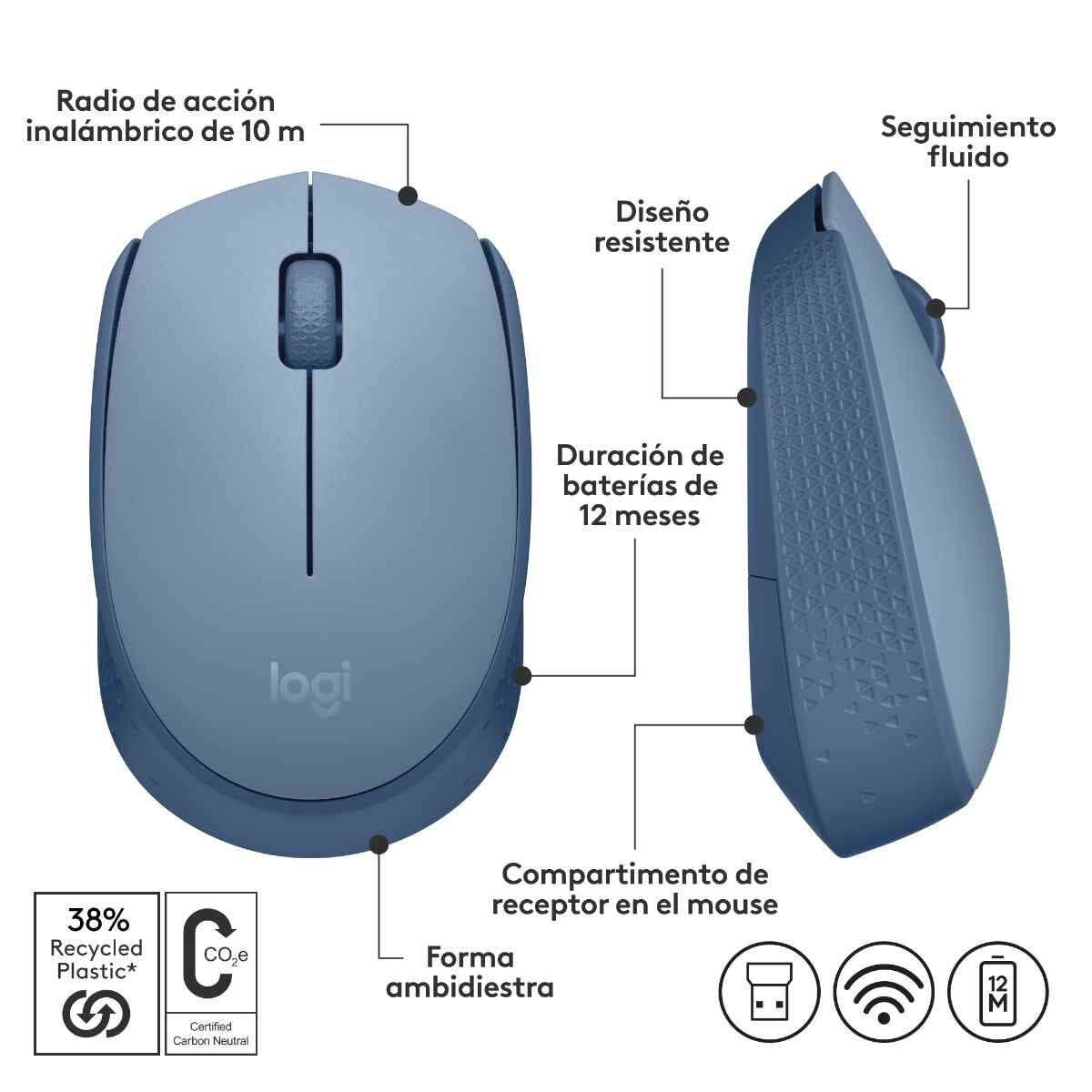Mouse logitech M170 inalámbrico simplicidad de plug-play 1000dpi color gris azulado