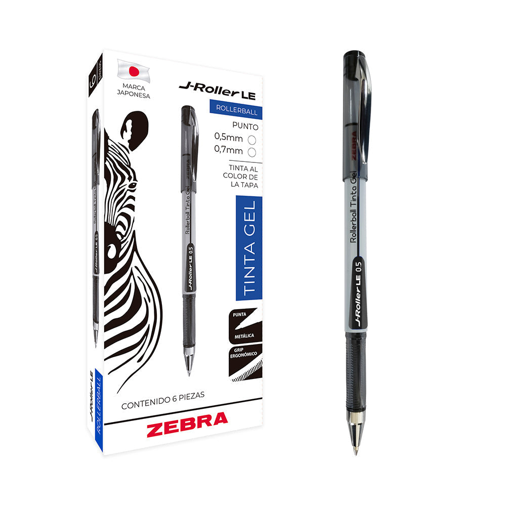 Bolígrafo Zebra J-Roller LE Punto Fino 0.5mm Tinta Gel Color Negro C/6 Pzas
