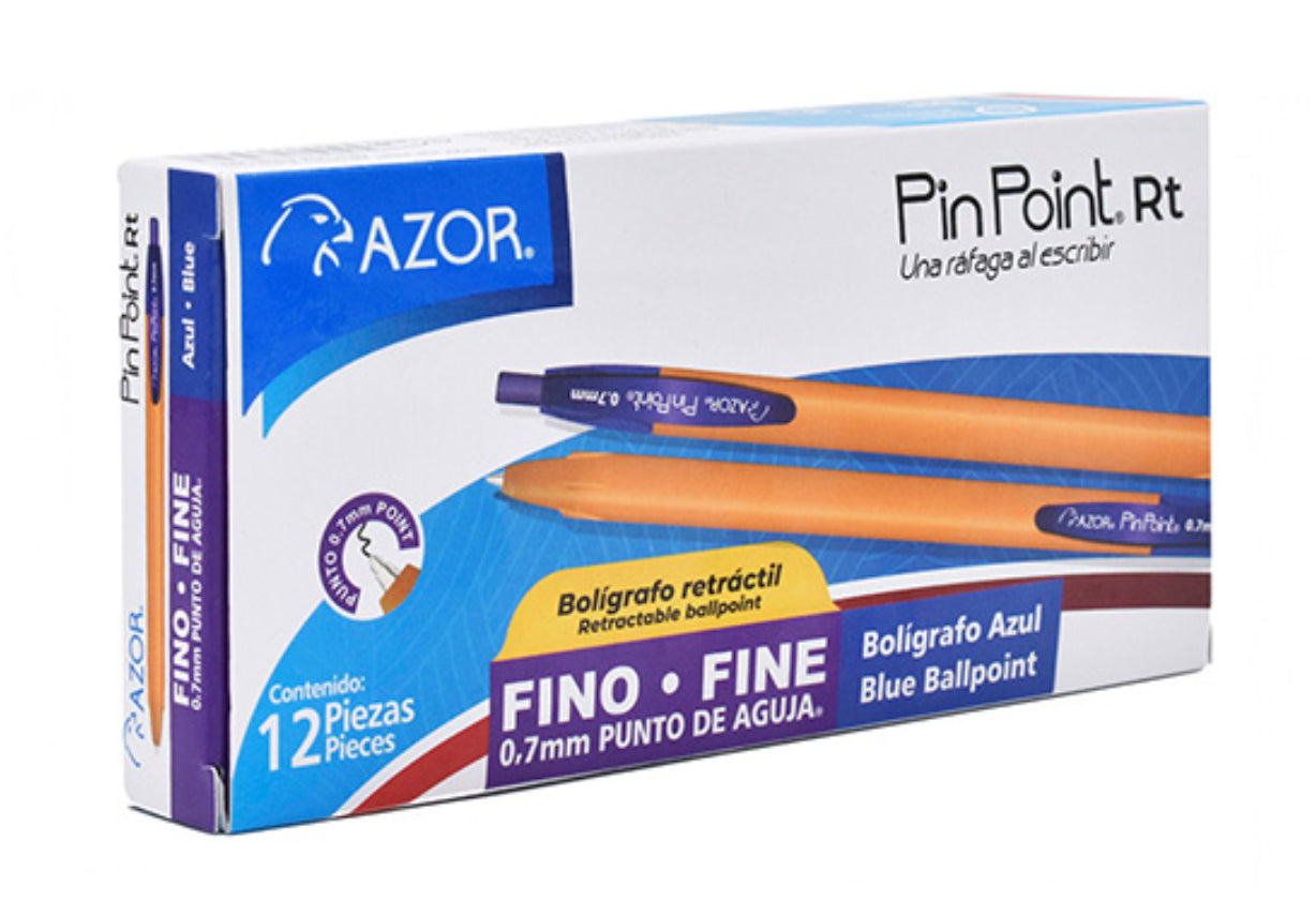 Boligrafo Azor Pin Point RT Retractil Punto Fino 0.7mm Tinta Azul Caja C/12
