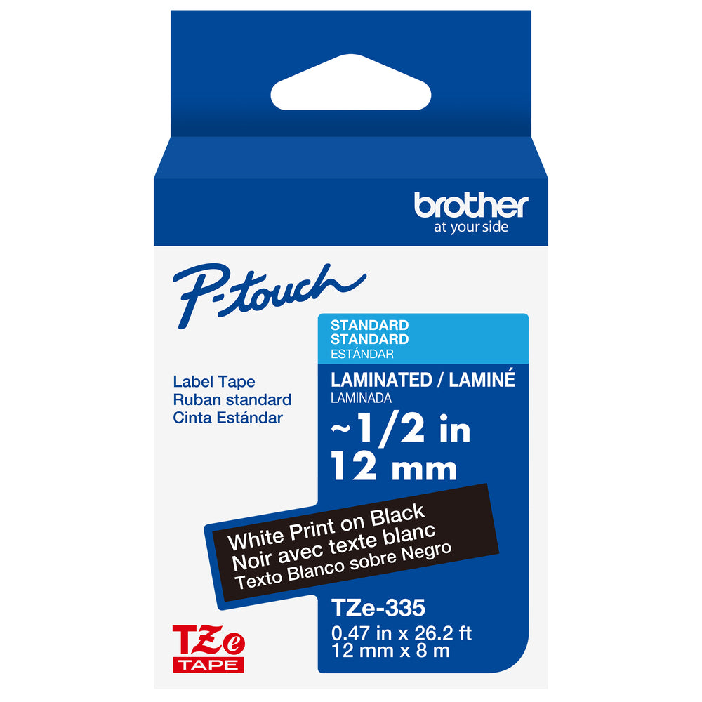 Cinta Laminada Brother Estandar Texto blanco sobre cinta negra de 12mm x 8m