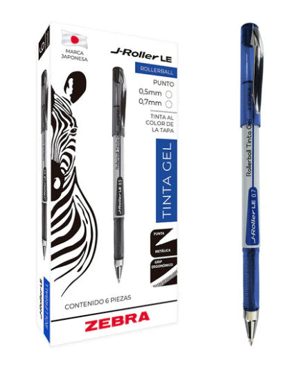 Bolígrafo Zebra J-Roller LE Punto Mediano 0.7mm Tinta Gel Color Azul C/6 Pzas