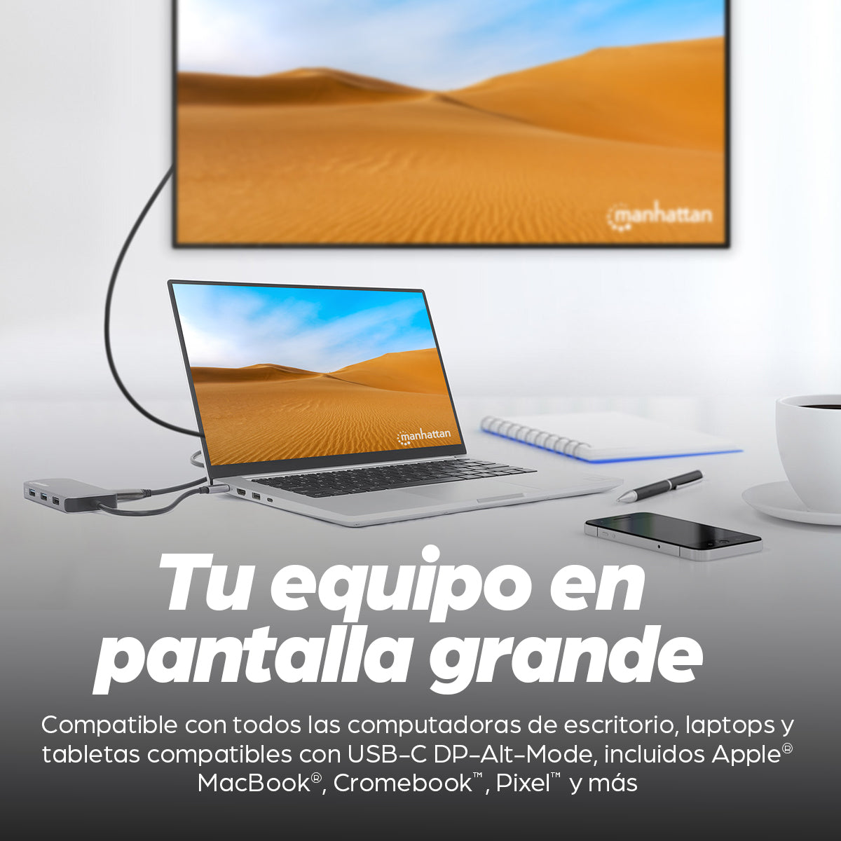 Docking Manhattan USB-C 8 ptos HDMI USB-C PD/2xUSBv3.2/USBv2.0 RED SD/Micro SDD