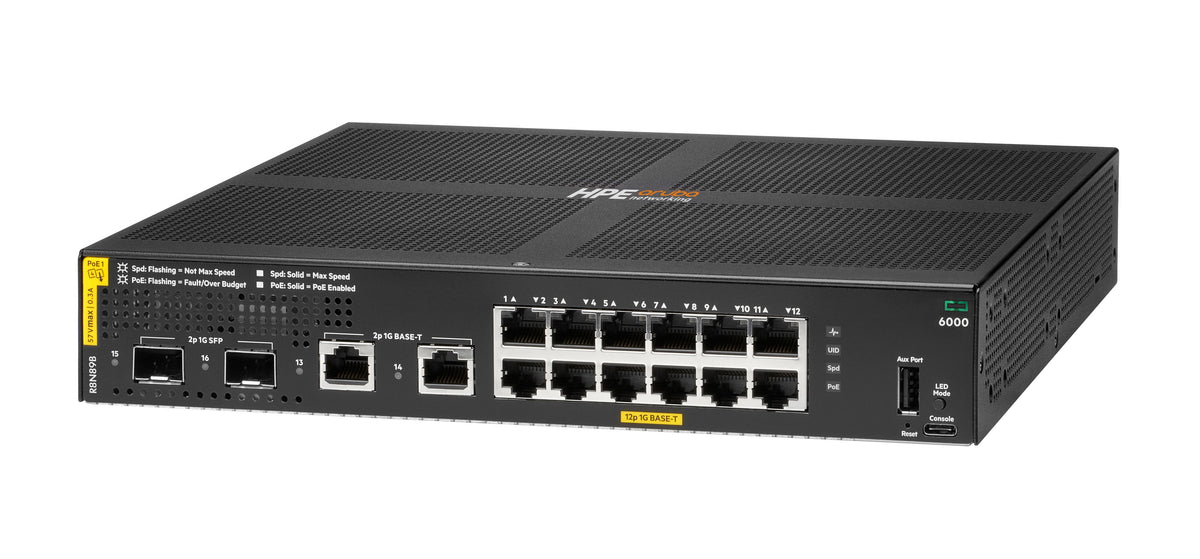 HPE Aruba Networking CX 6000 12p 10M/100M/1G Class4 PoE 2p SFP 1G 139W Switch Gestionado L3 Gigabit Ethernet (10/100/1000) Energía sobre Ethernet (PoE) 1U