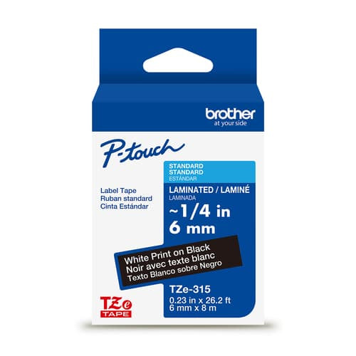 Cinta Laminada Brother Estandar Texto blanco sobre cinta negra de 6mm x 8m