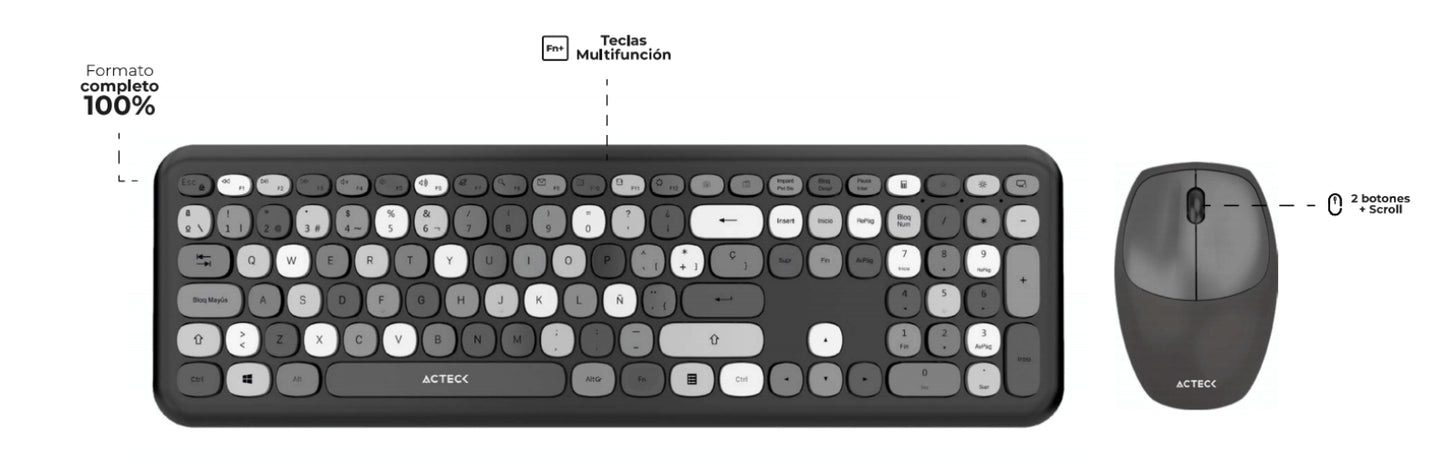 Kit Teclado y Mouse Acteck Creator Chic Colors MK475 Inalámbrico 2xBaterías AAA Incluidas Color Gris