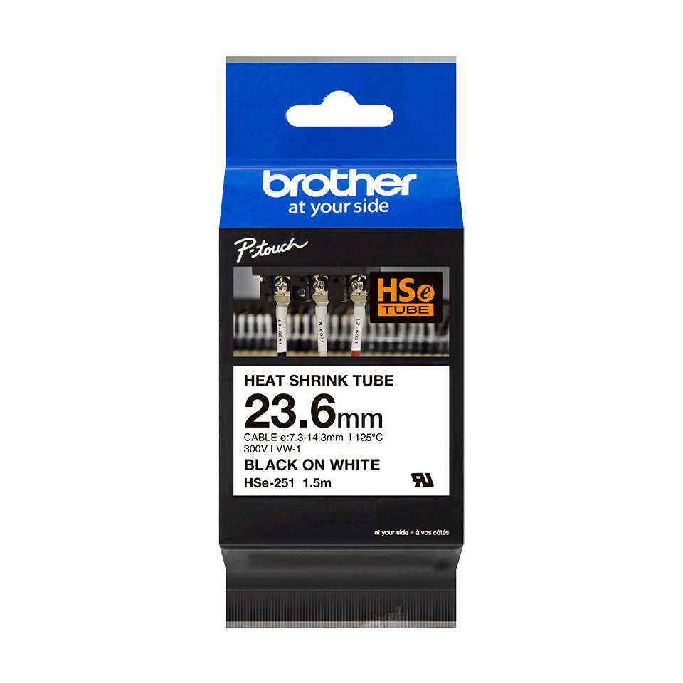 Cinta Brother HSE251 Termorretráctil Texto Negro Sobre Fondo Blanco 23.6mmx1.5m
