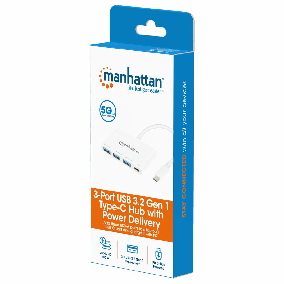 Manhattan 168434 nodo concentrador USB 3.2 Gen 1 (3.1 Gen 1) Type-C 5000 Mbit/s Blanco