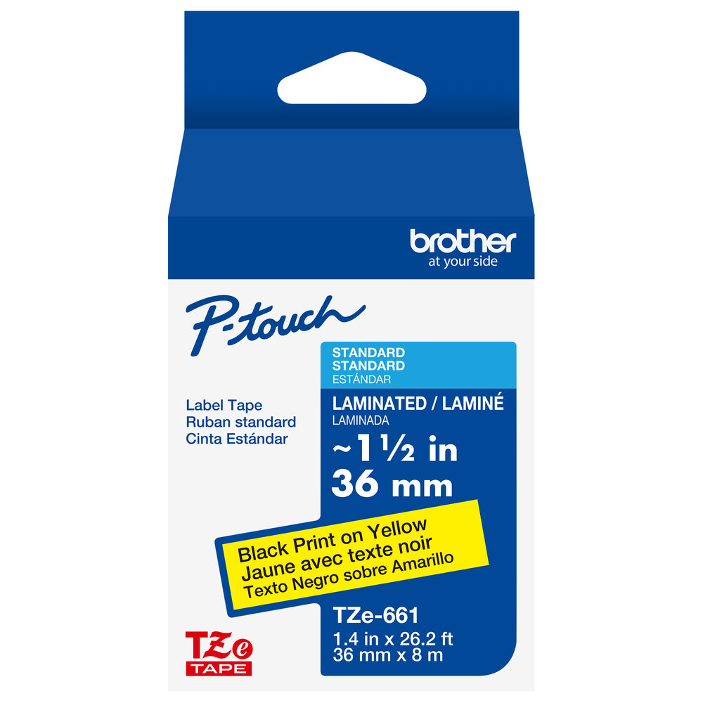 Cinta Laminada Brother Estandar Texto negro sobre cinta amarilla de 36mm x 8m