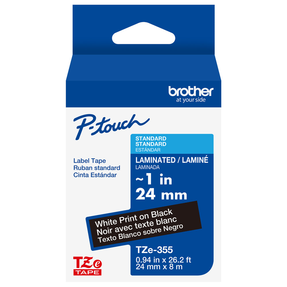 Cinta Laminada Brother Estandar Texto blanco sobre cinta negra de 24mm x 8m