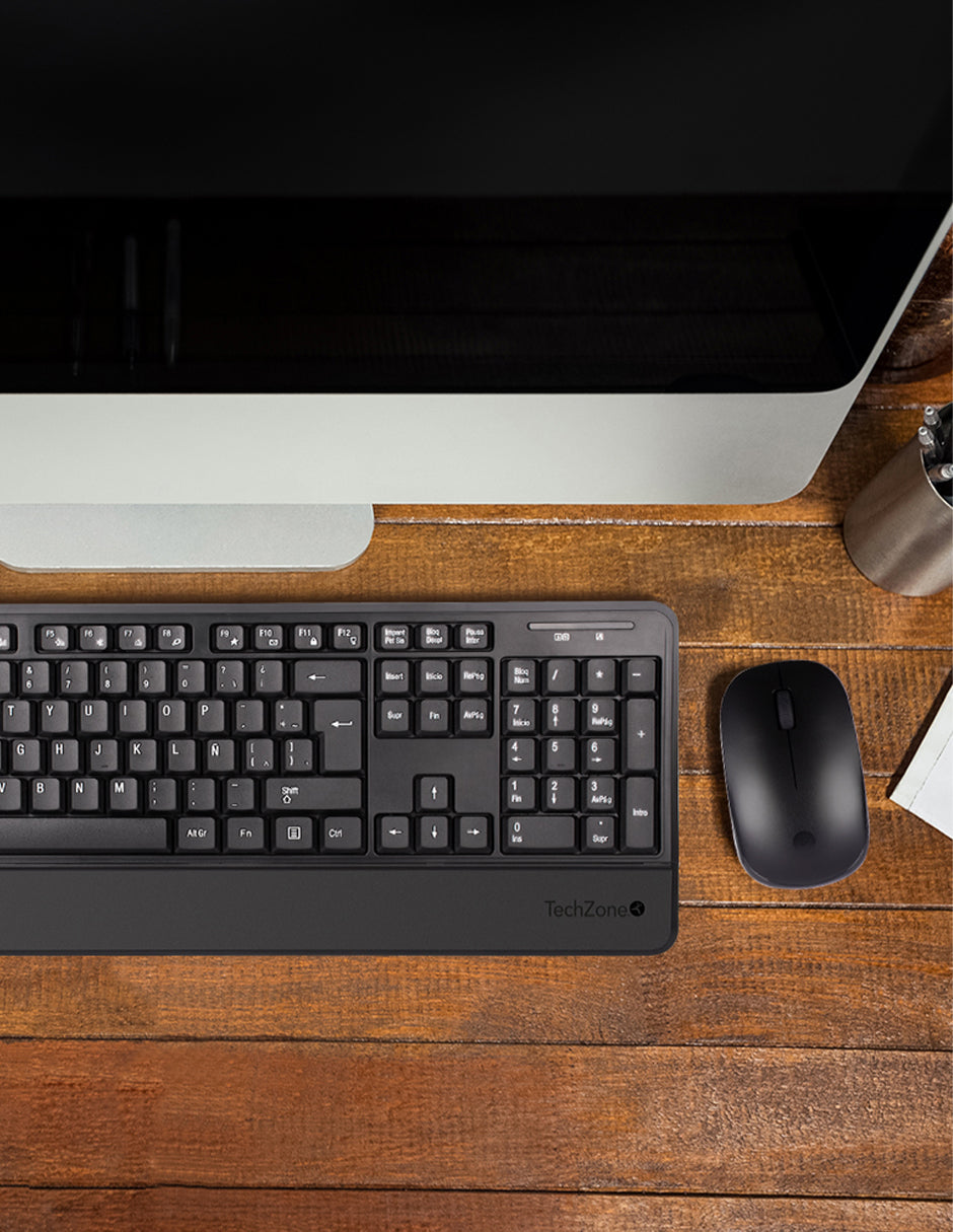 Kit TechZone Profesional Inalambrico Elegante Teclado y Mouseu de 3Botones con 1200 Dpi y Descansa Muñecas Alc