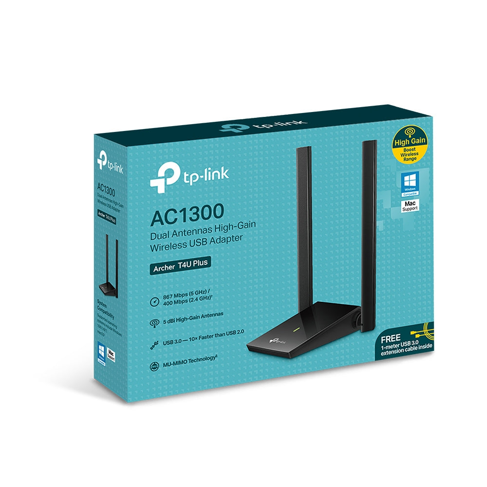 Adaptador Wi-Fi USB TP-Link Archer T4U Plus AC1300 de doble banda, Wi-Fi 5, USB 3.0, negro
