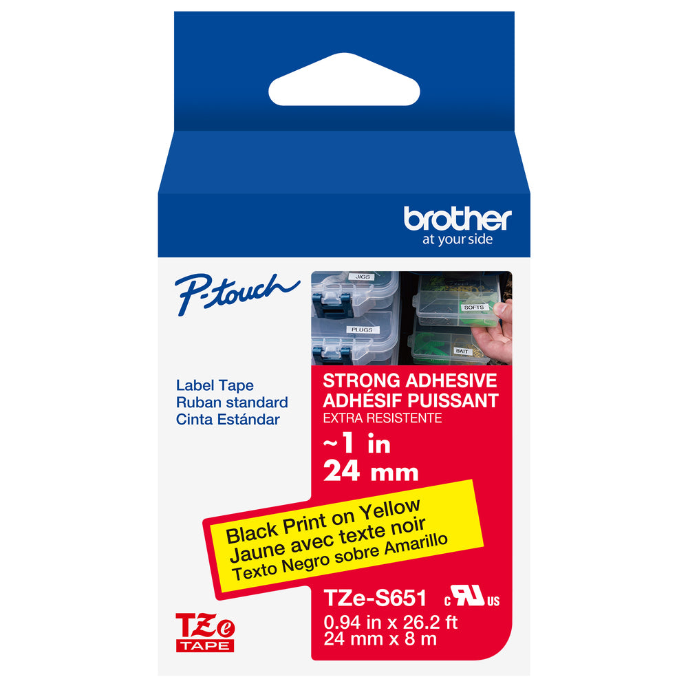 Cinta Laminada Brother con Extra Adhesivo Texto Negro sobre Cinta Amarilla de 24mm X 8m TZES651G