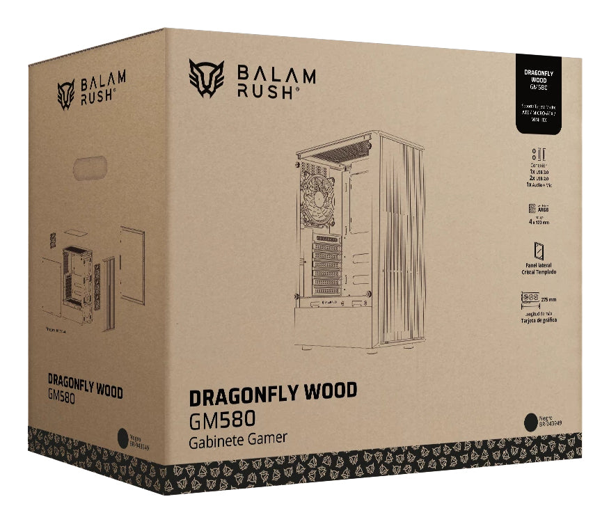 Gabinete Gamer Balam Rush Compact Media Torre Dragonfly Wood GM580 / Negro