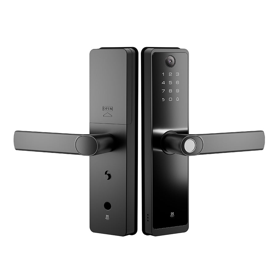 CERRADURA INTELIGENTE CON CáMARA Y TIMBRE, DETECCIóN DE HUELLA DACTILAR, TARJETA RFID, CONECTIVIDAD WIFI, COMBINACIóN NUMéRICA Y LLAVE FíSICA, DE ALEACIóN DE ALUMINIO Y CRISTAL TEMPLADO.