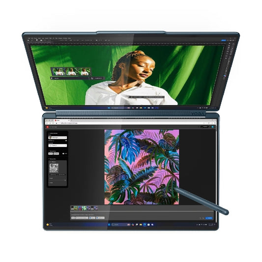 LAPTOP LENOVO YOGA BOOK 9 14IAH10/CORE ULTRA 7 255H 2.0 GHZ/16GB/1TB SSD/CON IA/14 2 PANTALLAS OLED 2.8K/360°/CON PLUMA Y FOLIO/TECLADO RETROILUMINADO/COLOR AZUL VERDOSO MAREAL/WIN 11 HOME/1YCS
