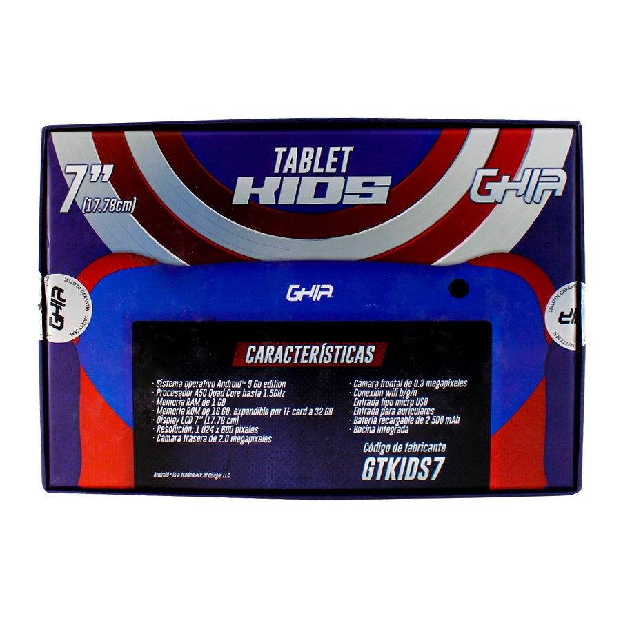 TABLET GHIA 7 KIDS/A50 QUADCORE/1GB RAM/16GB /2CAM/WIFI/BLUETOOTH/2500MAH/ANDROID 9 /AZUL